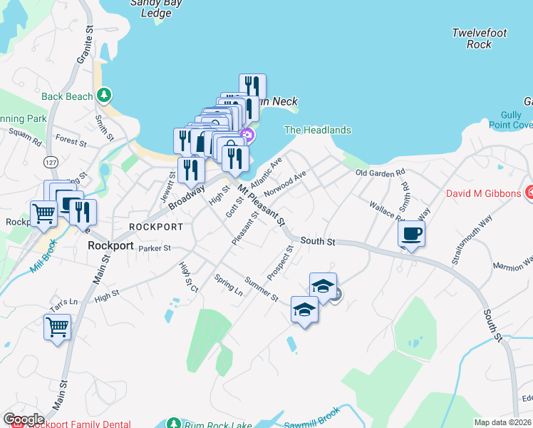 map of restaurants, bars, coffee shops, grocery stores, and more near 8 Willow Lane in Rockport