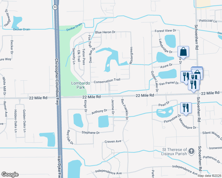 map of restaurants, bars, coffee shops, grocery stores, and more near 12314 Cedar Knoll Court in Macomb County