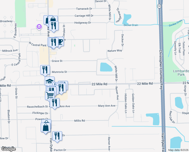 map of restaurants, bars, coffee shops, grocery stores, and more near 8787 22 Mile Road in Macomb County