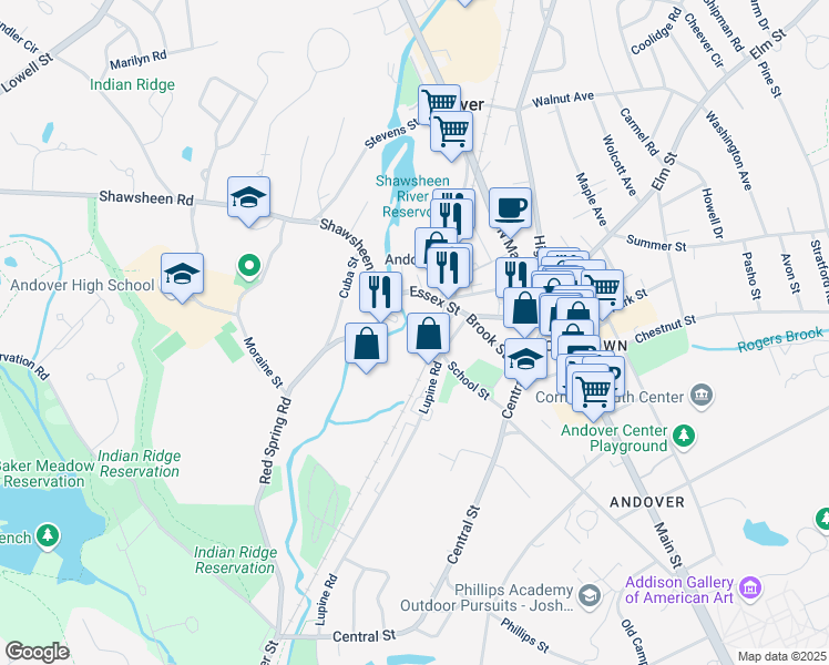map of restaurants, bars, coffee shops, grocery stores, and more near 1 Dundee Park Drive in Andover