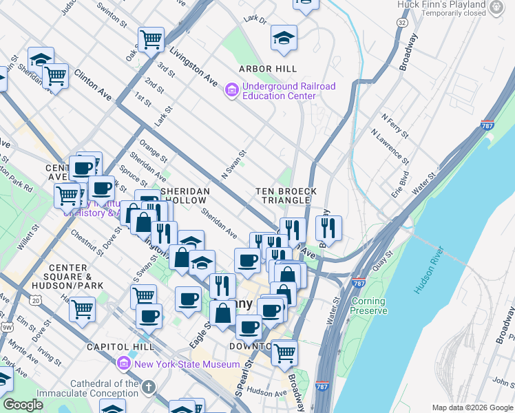 map of restaurants, bars, coffee shops, grocery stores, and more near 123 Orange Street in Albany