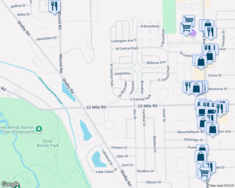 map of restaurants, bars, coffee shops, grocery stores, and more near 49101 West Central Park in Macomb County