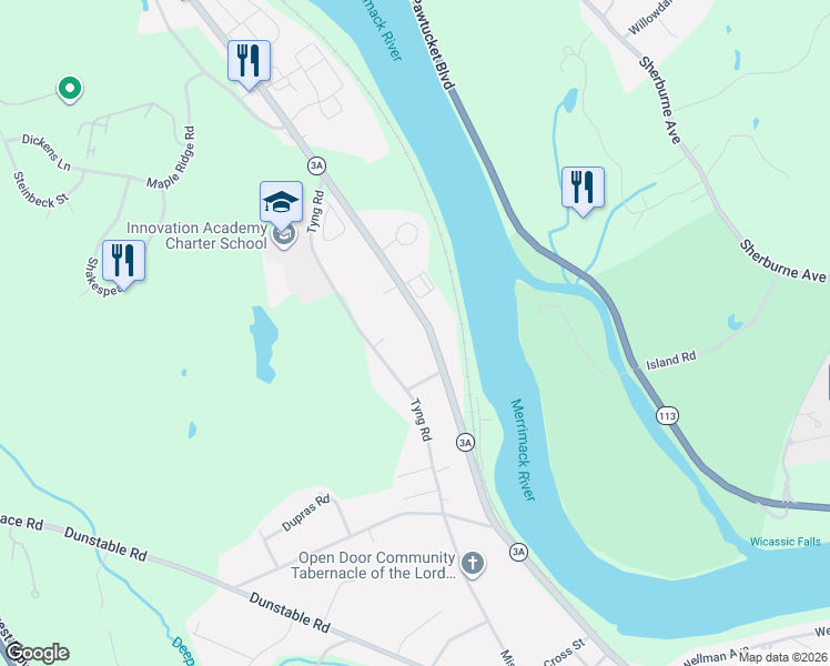 map of restaurants, bars, coffee shops, grocery stores, and more near 32 Middlesex Road in Tyngsborough