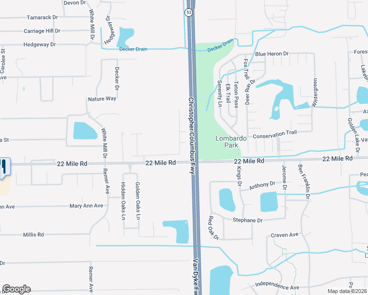 map of restaurants, bars, coffee shops, grocery stores, and more near 48331-49361 Christopher Columbus Fwy in Charter Township of Shelby