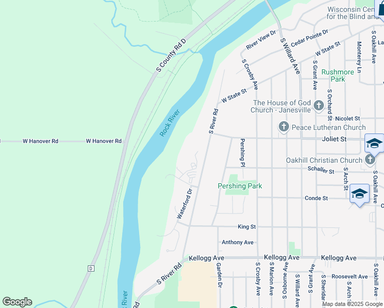map of restaurants, bars, coffee shops, grocery stores, and more near 1700 South River Road in Janesville