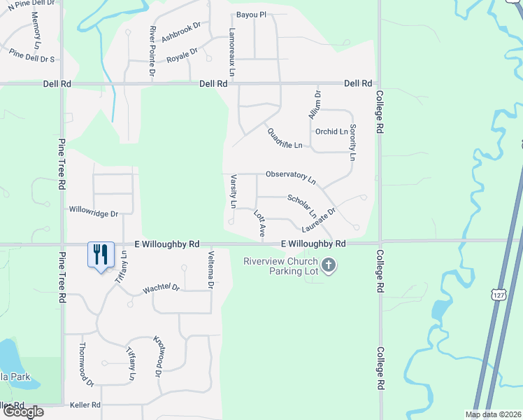 map of restaurants, bars, coffee shops, grocery stores, and more near 3690 Scholar Lane in Delhi charter Township