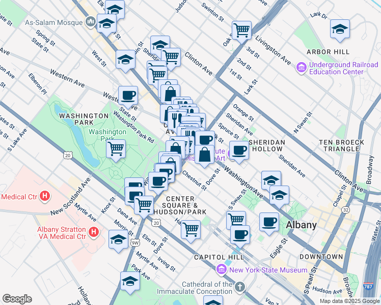 map of restaurants, bars, coffee shops, grocery stores, and more near Spring Street in Albany