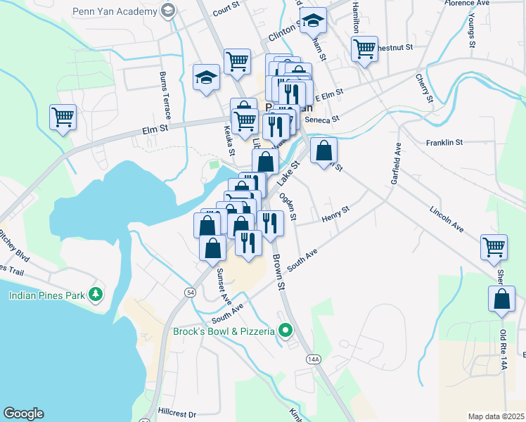 map of restaurants, bars, coffee shops, grocery stores, and more near 142 Lake Street in Penn Yan