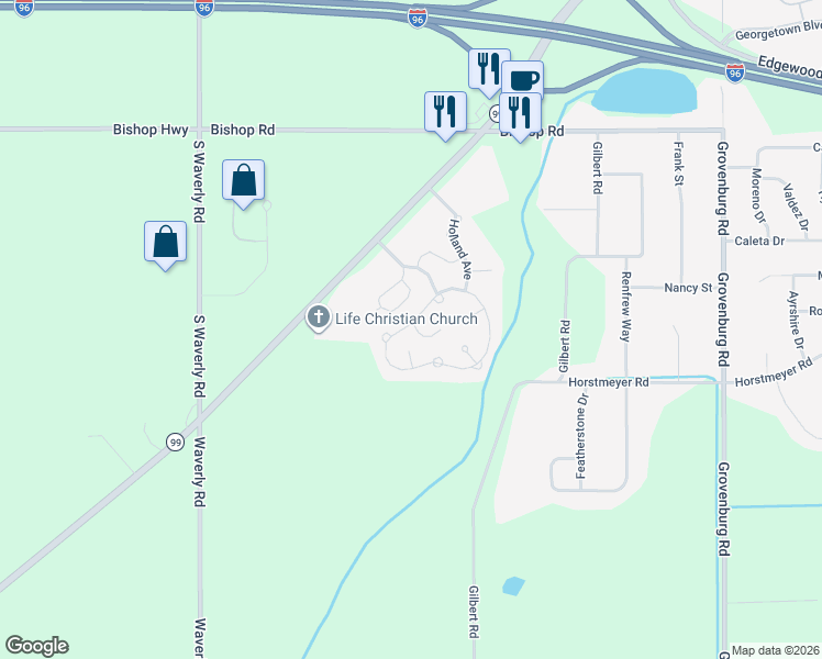map of restaurants, bars, coffee shops, grocery stores, and more near 2700 Eaton Rapids Road in Lansing