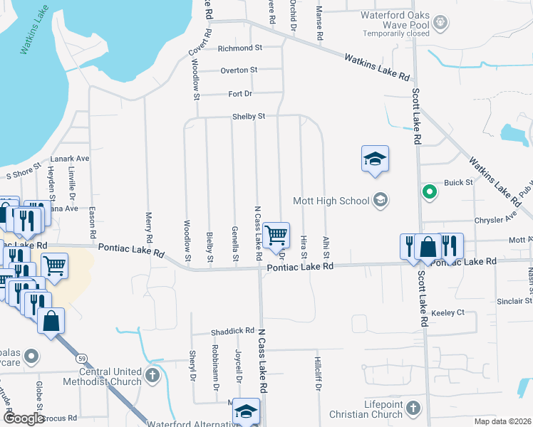 map of restaurants, bars, coffee shops, grocery stores, and more near 1213 North Cass Lake Road in Waterford Township