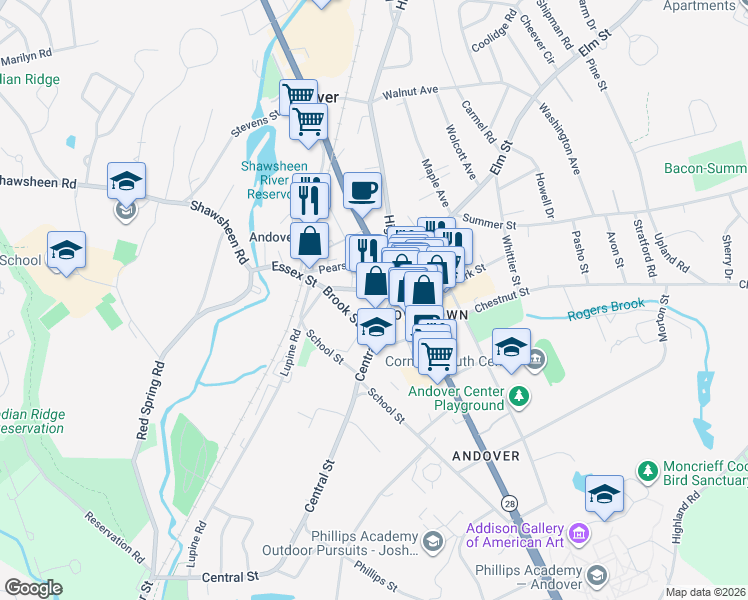 map of restaurants, bars, coffee shops, grocery stores, and more near 9 Essex Street in Andover