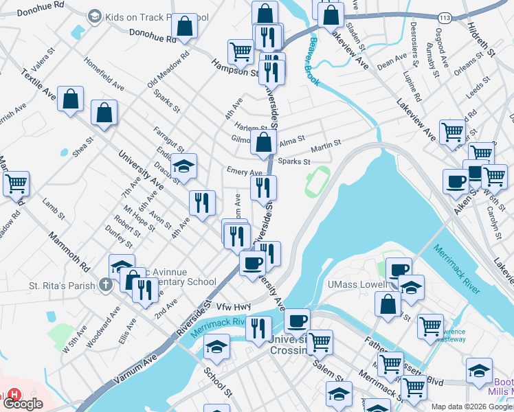 map of restaurants, bars, coffee shops, grocery stores, and more near 18 Bodwell Avenue in Lowell