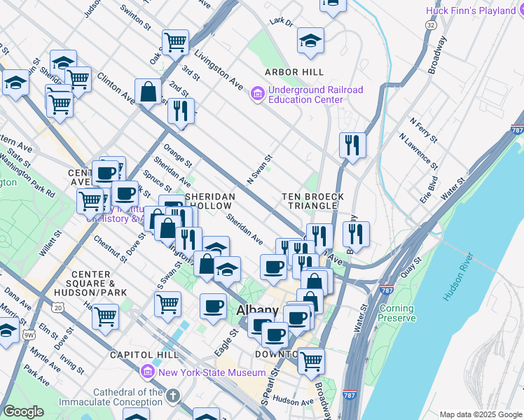 map of restaurants, bars, coffee shops, grocery stores, and more near 52 1st Street in Albany