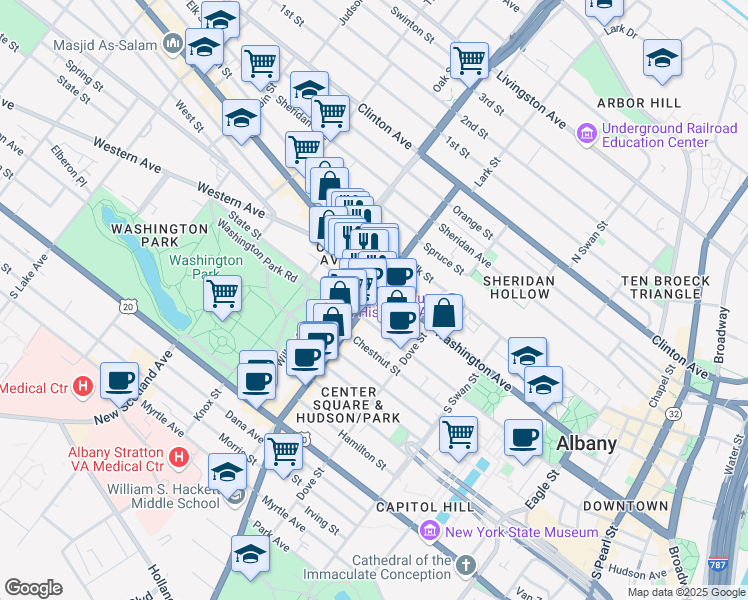 map of restaurants, bars, coffee shops, grocery stores, and more near 196 Lark Street in Albany