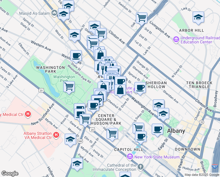 map of restaurants, bars, coffee shops, grocery stores, and more near 196 Lark Street in Albany
