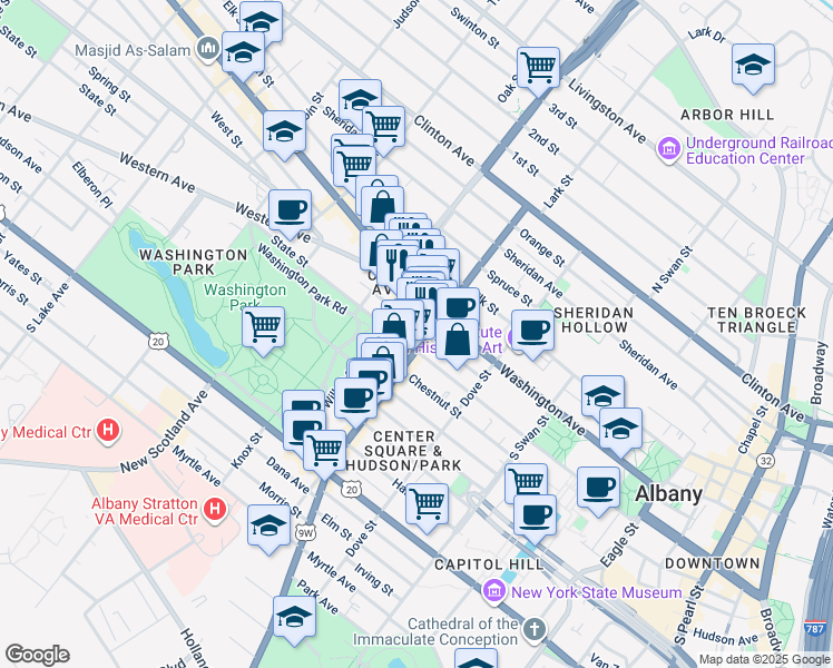 map of restaurants, bars, coffee shops, grocery stores, and more near 196 Lark Street in Albany