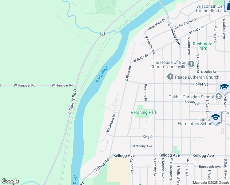 map of restaurants, bars, coffee shops, grocery stores, and more near 1700 South River Road in Janesville