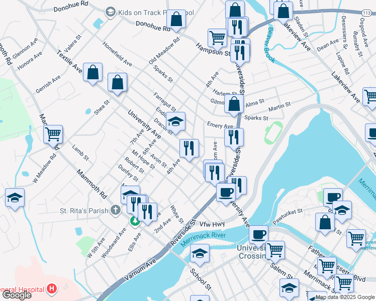 map of restaurants, bars, coffee shops, grocery stores, and more near 207 4th Avenue in Lowell