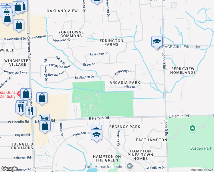 map of restaurants, bars, coffee shops, grocery stores, and more near 595 Bliss Drive in Rochester Hills