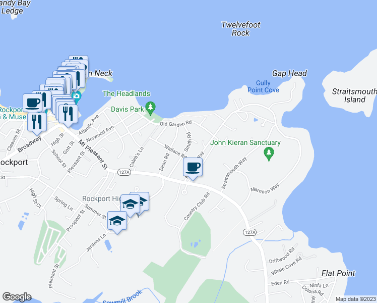 map of restaurants, bars, coffee shops, grocery stores, and more near 20 Smith Road in Rockport