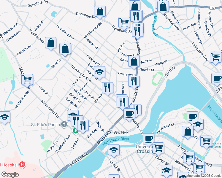 map of restaurants, bars, coffee shops, grocery stores, and more near 19 Dracut Street in Lowell