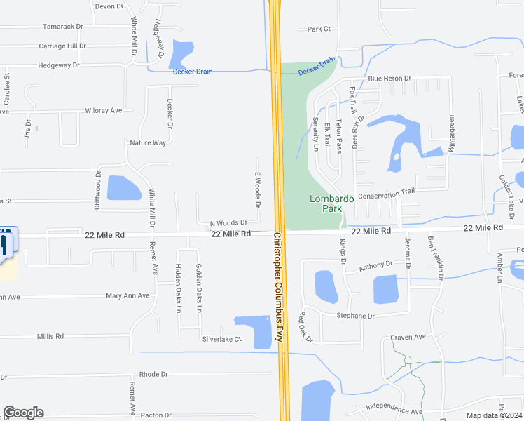 map of restaurants, bars, coffee shops, grocery stores, and more near 49144 East Woods Drive in Macomb County