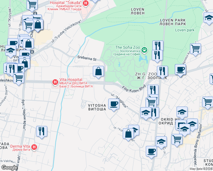 map of restaurants, bars, coffee shops, grocery stores, and more near 28 ulitsa "Srebarna" in Sofia