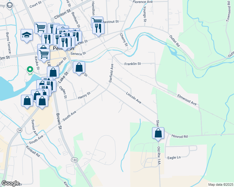 map of restaurants, bars, coffee shops, grocery stores, and more near 112 Lincoln Avenue in Penn Yan