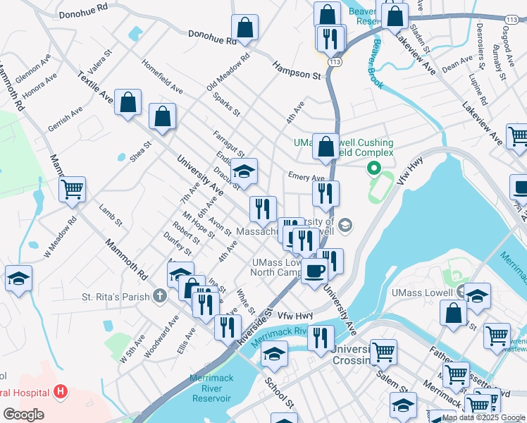 map of restaurants, bars, coffee shops, grocery stores, and more near 32 Dracut Street in Lowell