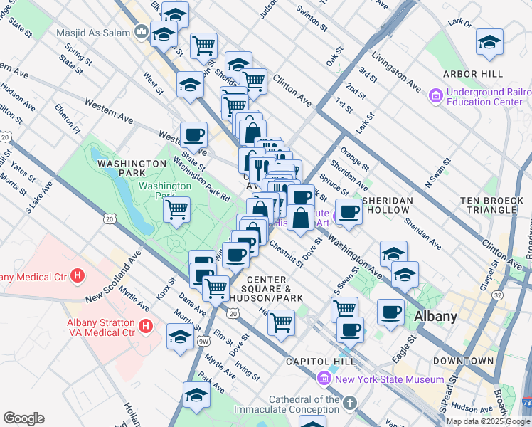 map of restaurants, bars, coffee shops, grocery stores, and more near 363 State Street in Albany