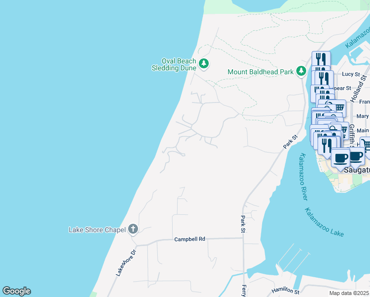map of restaurants, bars, coffee shops, grocery stores, and more near 631 Perryman Street in Saugatuck