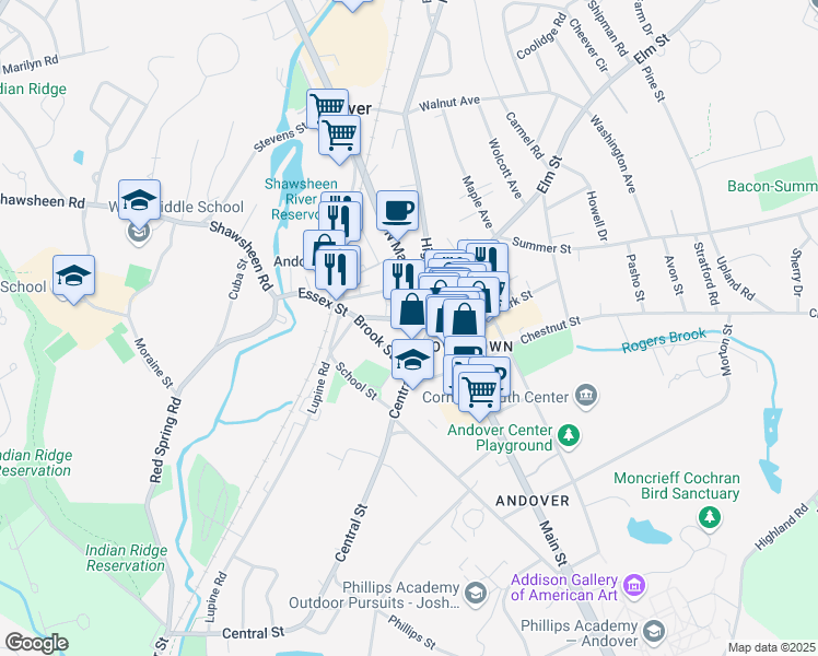 map of restaurants, bars, coffee shops, grocery stores, and more near 9 Essex Street in Andover
