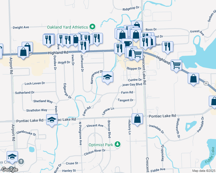 map of restaurants, bars, coffee shops, grocery stores, and more near 5280 Farm Road in Waterford Township