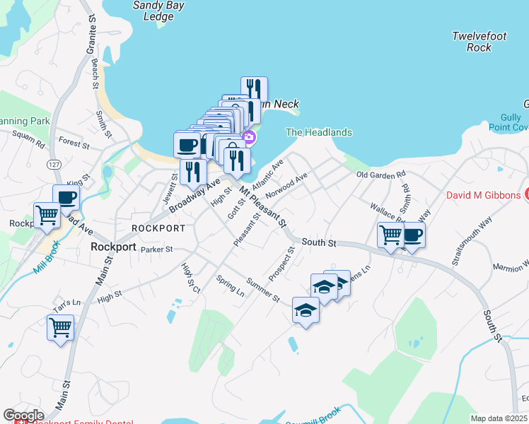 map of restaurants, bars, coffee shops, grocery stores, and more near 20 Mount Pleasant Street in Rockport