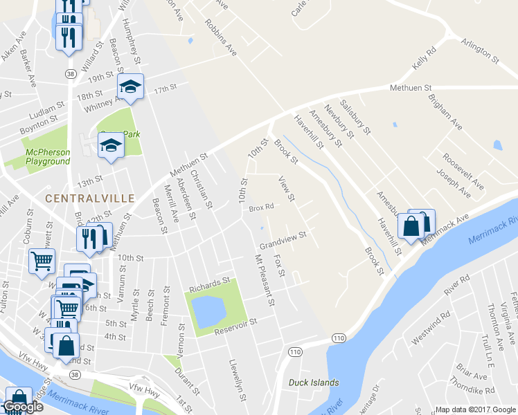 map of restaurants, bars, coffee shops, grocery stores, and more near 14 Brox Road in Dracut