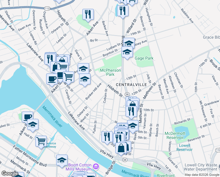 map of restaurants, bars, coffee shops, grocery stores, and more near 107 Hildreth Street in Lowell