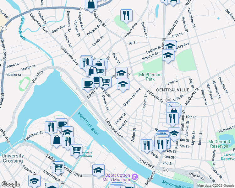 map of restaurants, bars, coffee shops, grocery stores, and more near 72 Beaulieu Street in Lowell