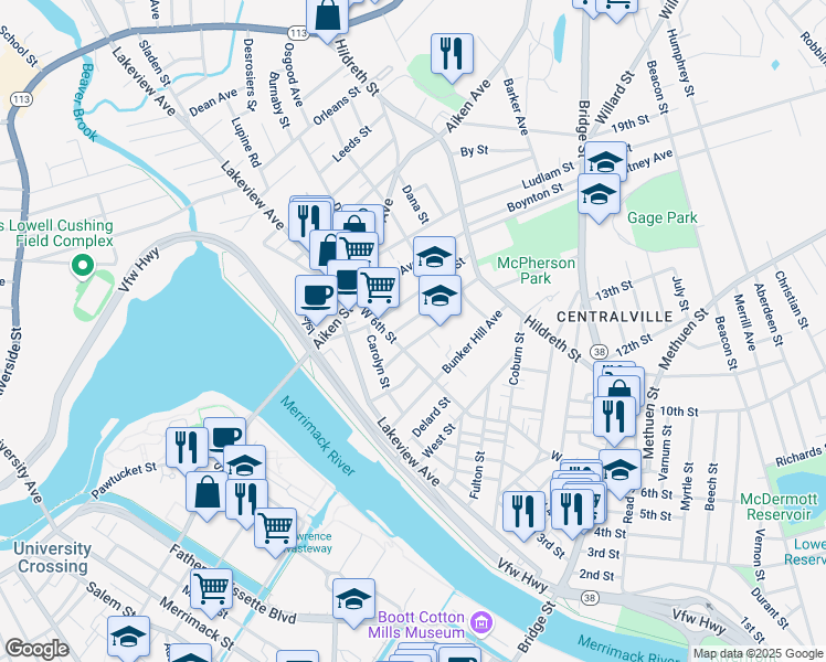 map of restaurants, bars, coffee shops, grocery stores, and more near 72 Beaulieu Street in Lowell