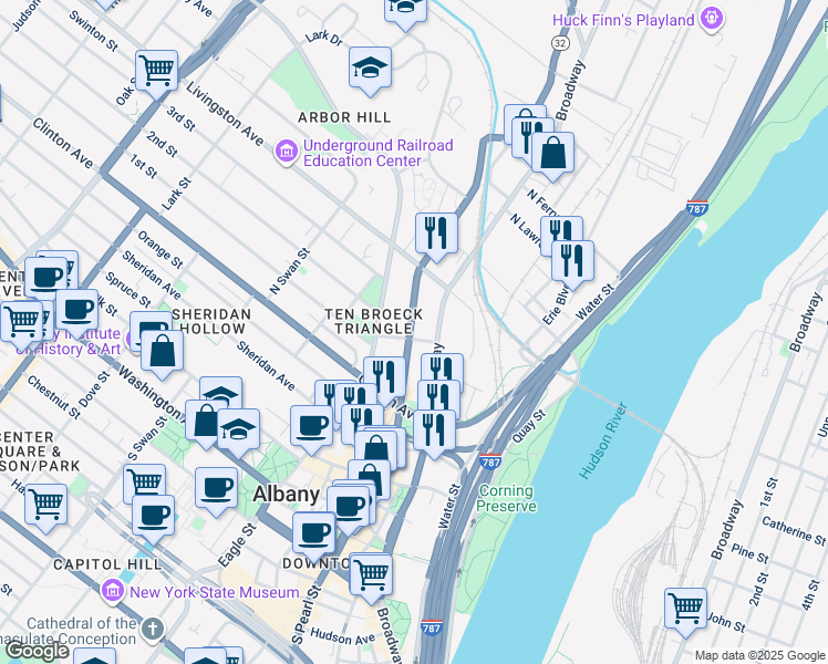 map of restaurants, bars, coffee shops, grocery stores, and more near 776 Broadway in Watervliet