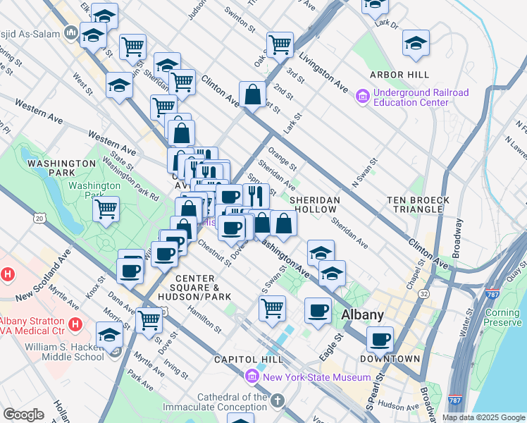 map of restaurants, bars, coffee shops, grocery stores, and more near 169 Elk Street in Albany