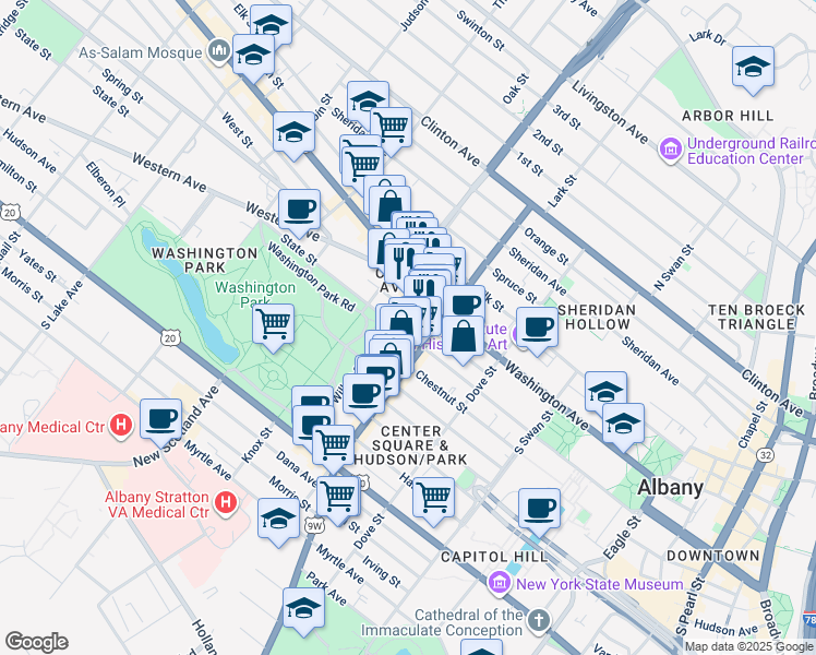 map of restaurants, bars, coffee shops, grocery stores, and more near 90 Spring Street in Albany