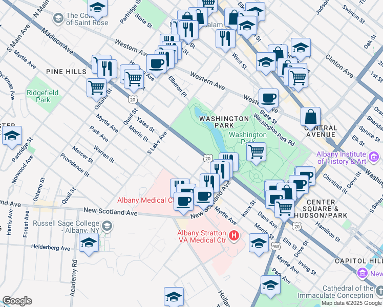 map of restaurants, bars, coffee shops, grocery stores, and more near 678 Madison Avenue in Albany