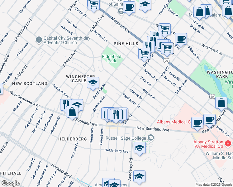map of restaurants, bars, coffee shops, grocery stores, and more near 682 Providence Street in Albany