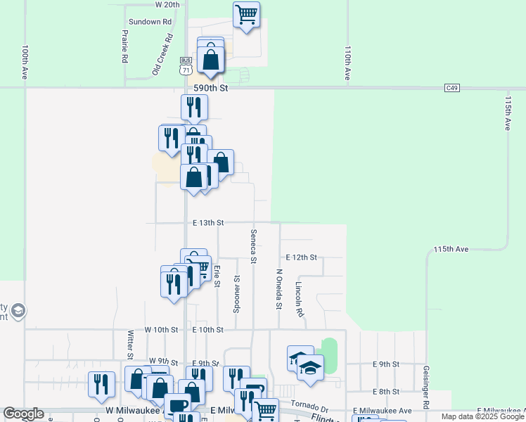 map of restaurants, bars, coffee shops, grocery stores, and more near 1405 Seneca Street in Storm Lake