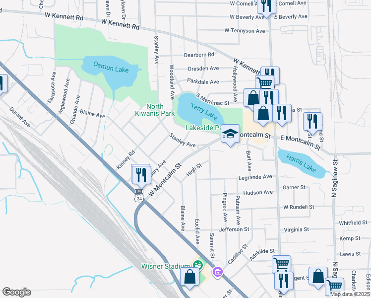 map of restaurants, bars, coffee shops, grocery stores, and more near 690 Stanley Avenue in Pontiac