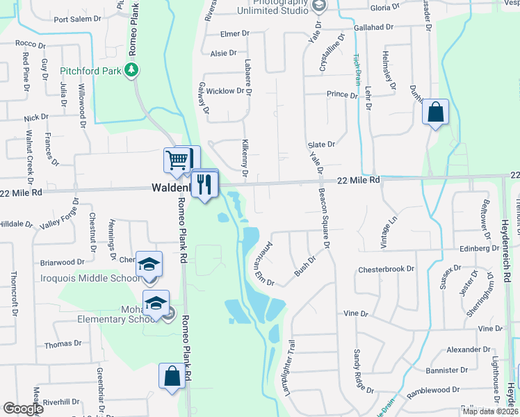 map of restaurants, bars, coffee shops, grocery stores, and more near 48934 Austrian Pine Drive in Macomb