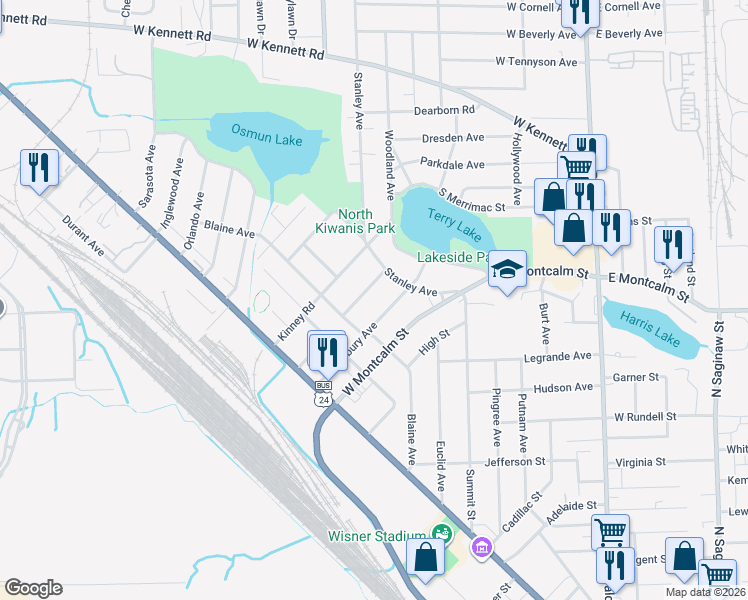 map of restaurants, bars, coffee shops, grocery stores, and more near 729 Livingstone Avenue in Pontiac