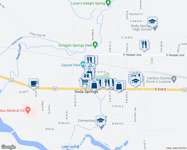 map of restaurants, bars, coffee shops, grocery stores, and more near 109 South Main Street in Soda Springs