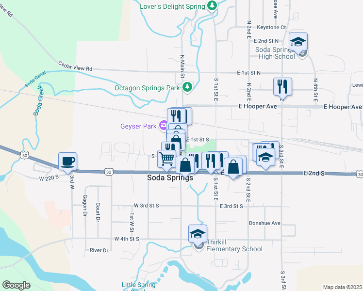 map of restaurants, bars, coffee shops, grocery stores, and more near 109 South Main Street in Soda Springs