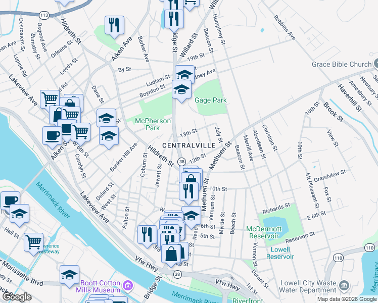 map of restaurants, bars, coffee shops, grocery stores, and more near 8 Wachusett Street in Lowell
